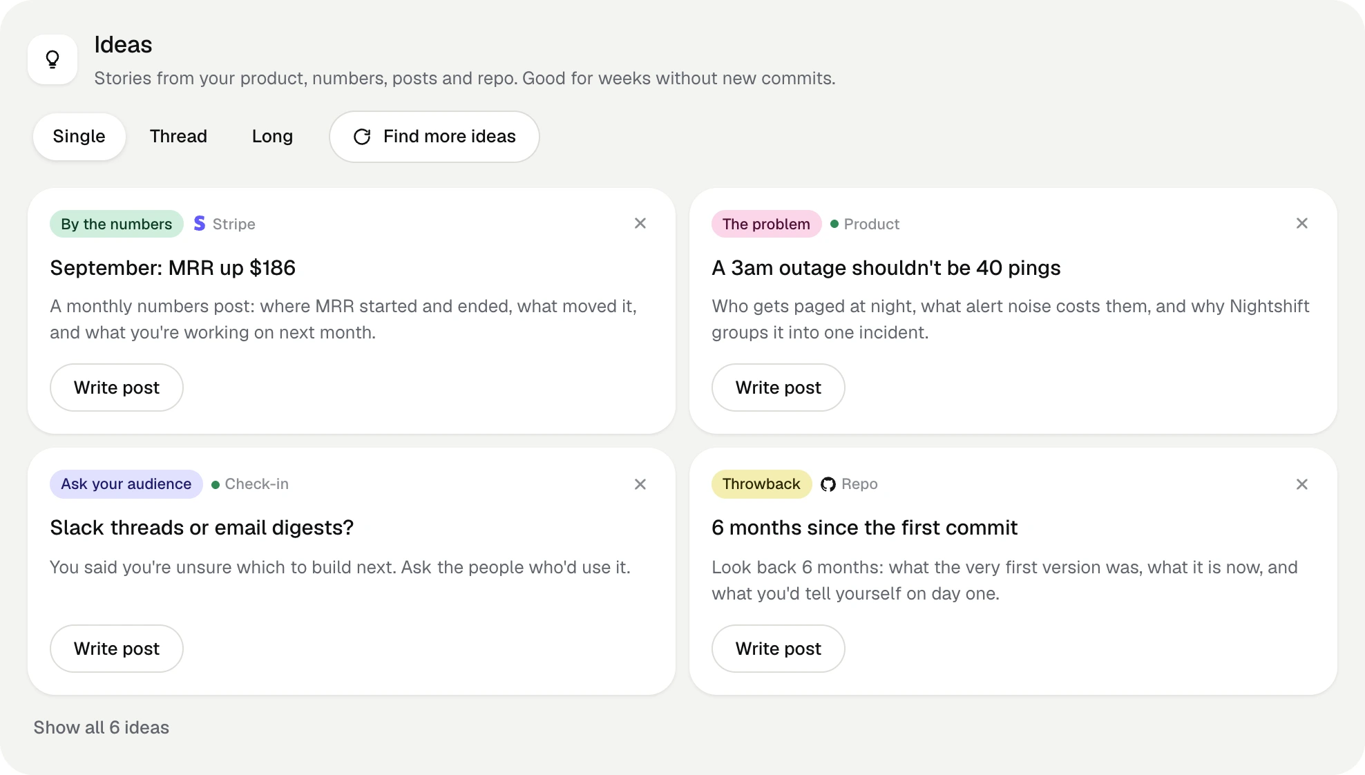 Post ideas from Stripe, the product, a check-in and the repo