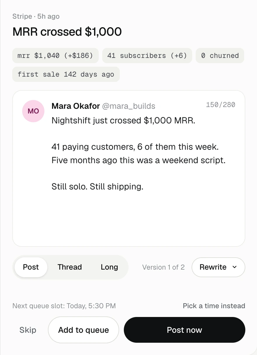 A draft written from a Stripe milestone, with its numbers, versions and Post now